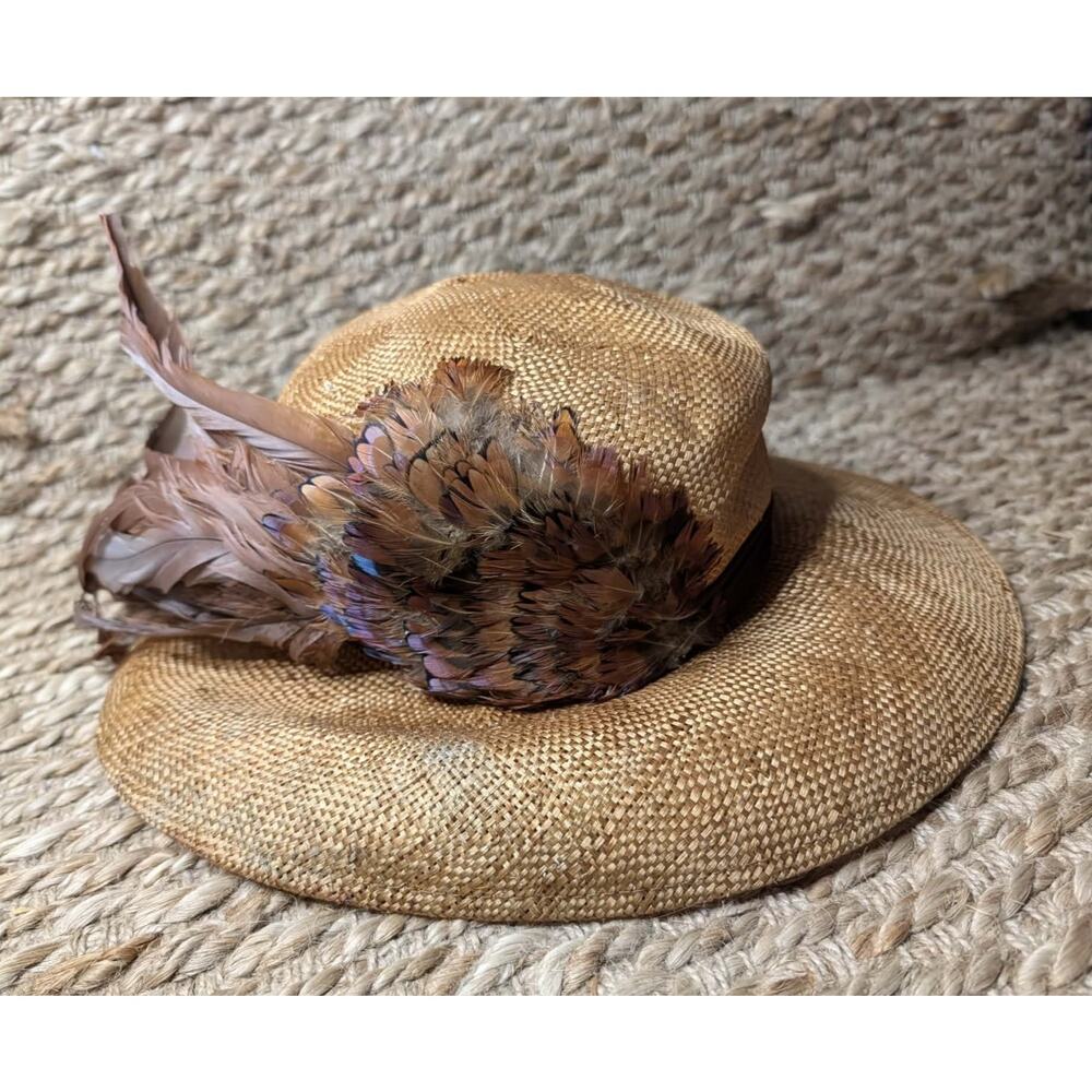 Women's Vintage Miss Bierner Straw Fedora Hat Brown Pheasant Feathers NWT!